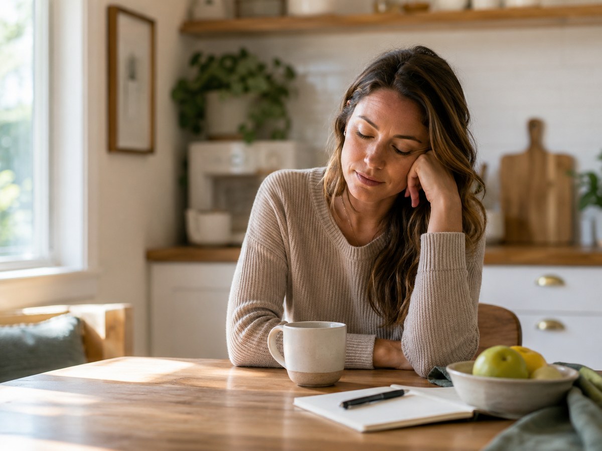 Adult pausing at home with coffee during an afternoon energy crash