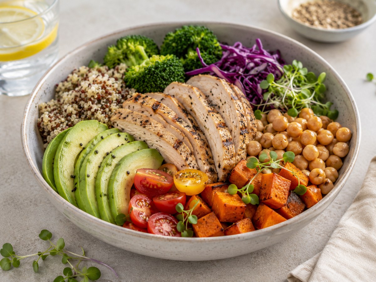 Balanced bowl with protein, fiber-rich vegetables, healthy fats, and starch