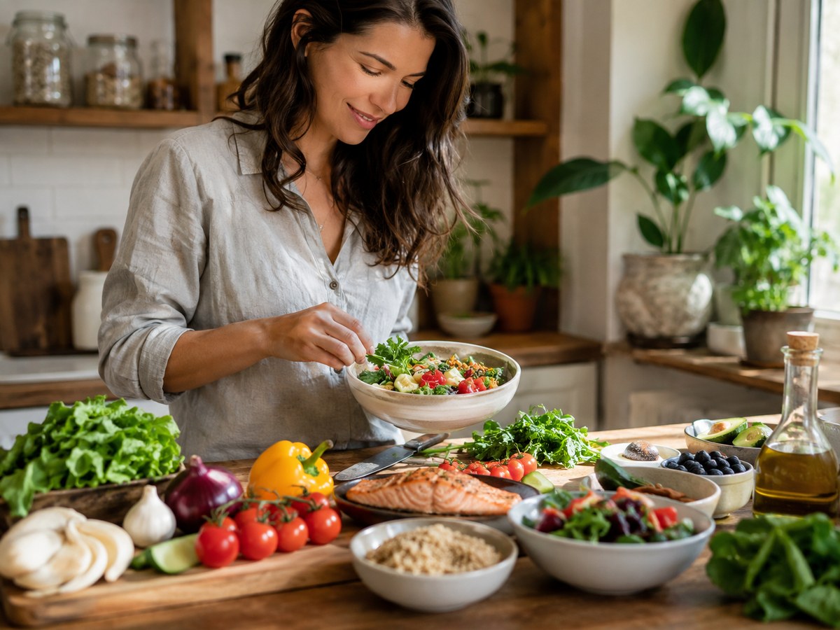 Healthy meal preparation with protein, vegetables, and whole-food ingredients