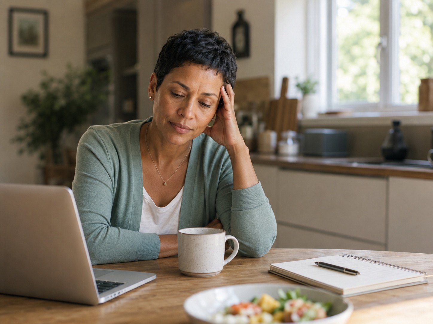 Adult at home with laptop and coffee during a low-energy afternoon